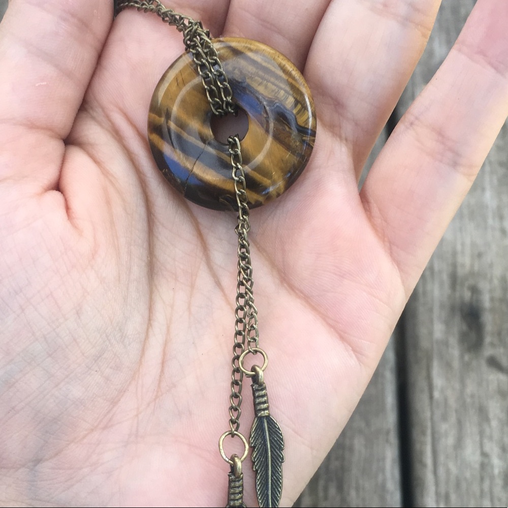 Boho necklace genuine Tiger eye gemstone jewelry